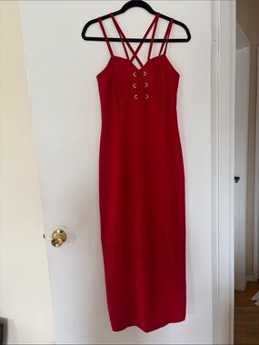 Red Strapless Midi Dress with Lace-Up Bodice